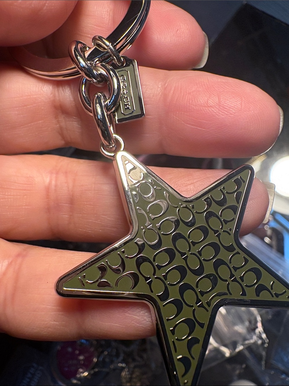 Coach Olive Green Star Keychain Charm with Silver Hardware